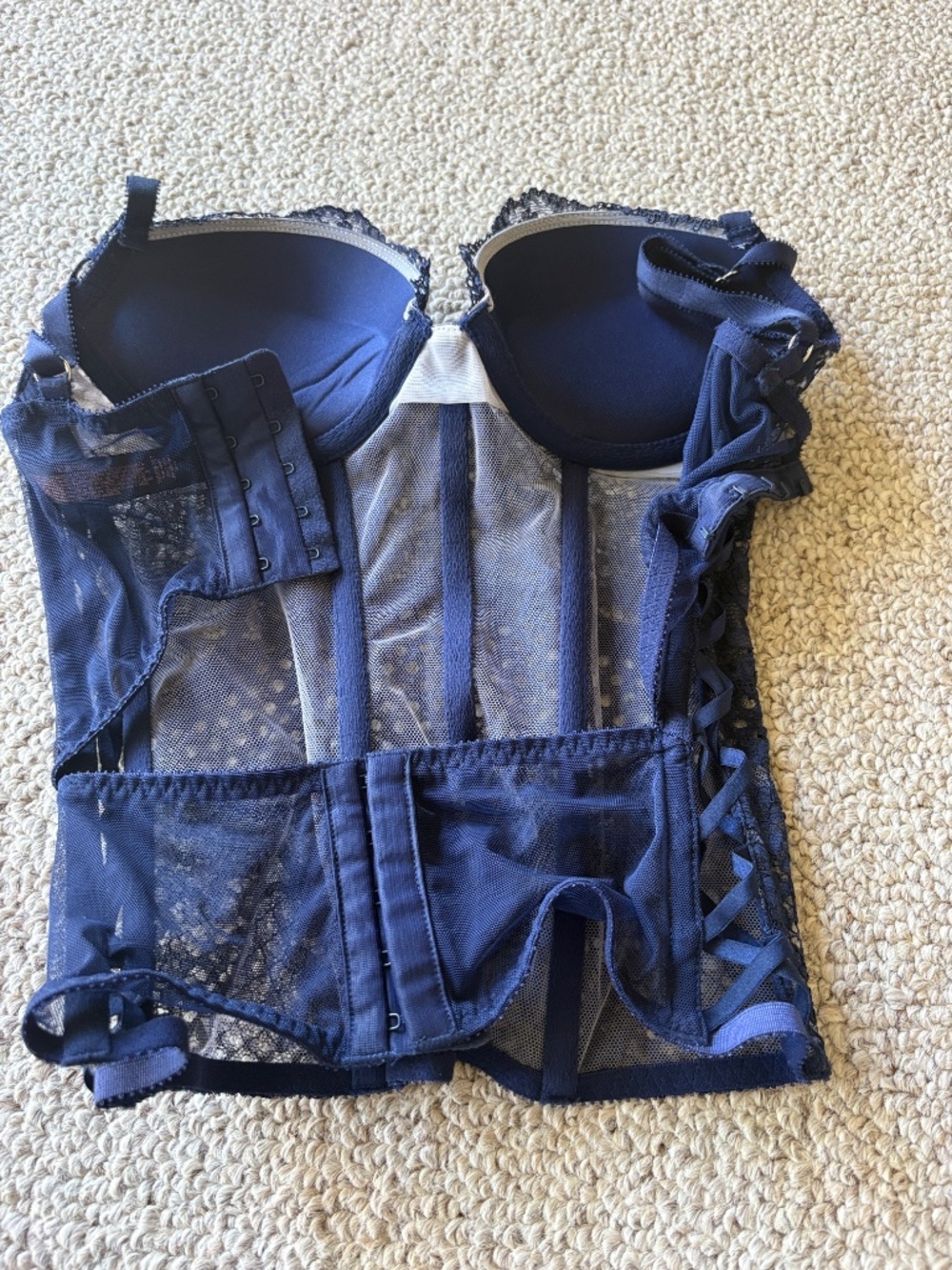 Victoria's Secret Navy Lace Corset Bustier 34B Underwire Boning Glam Sexy Chic - Picture 2 of 5